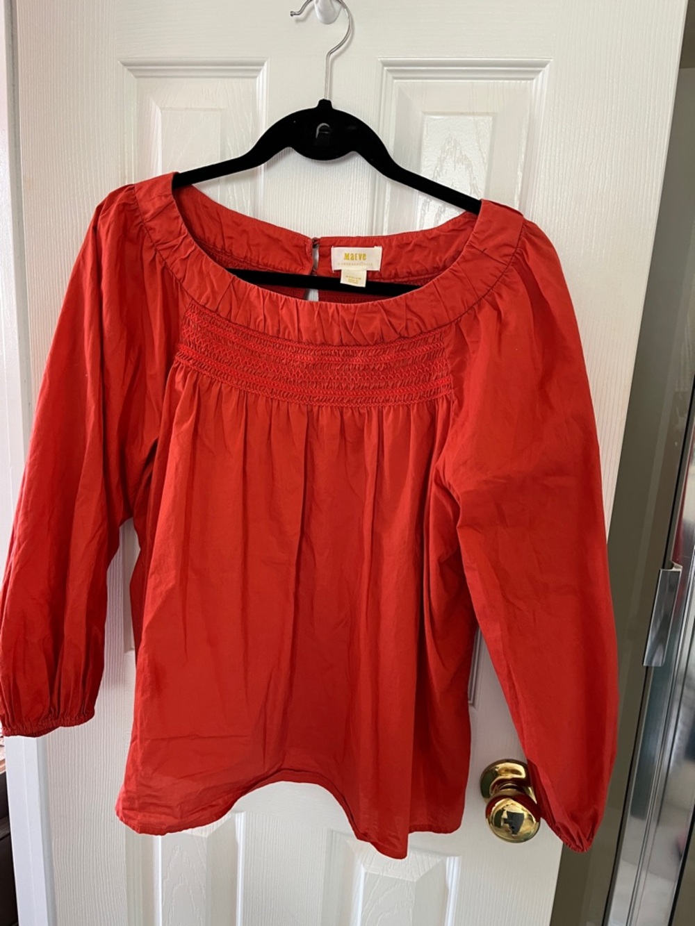 Anthropologie Maeve Red Smocked Scoop-Neck Blouse